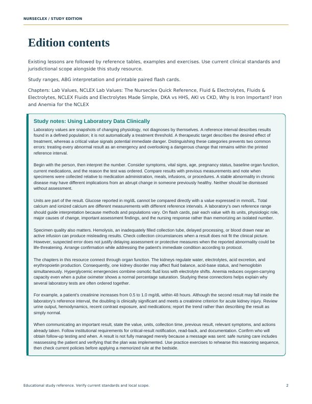 Essential Lab Values Cheat Sheets & Flash Cards - Contents